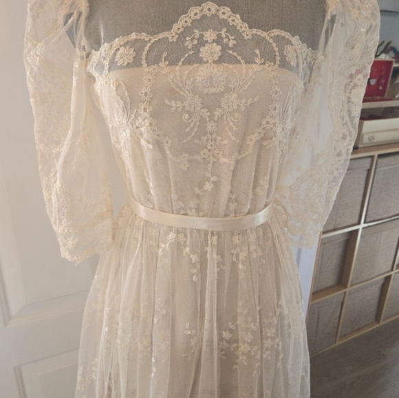 Vintage 1980s ILGWU Champagne Floral Lace High Neck Sheer Dress, SIZE S - Picture 8 of 16